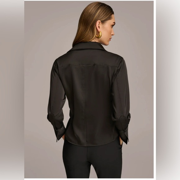 Donna Karan Black Fitted Asymmetrical Blouse Large Front Button - Picture 5 of 11